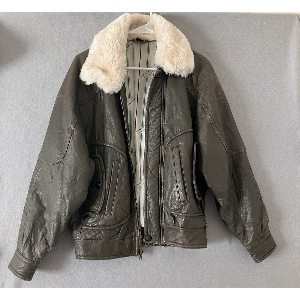 Vintage 90's Genuine Leather Jacket  Fur Collar Dark Olive Aviator Bomber Small